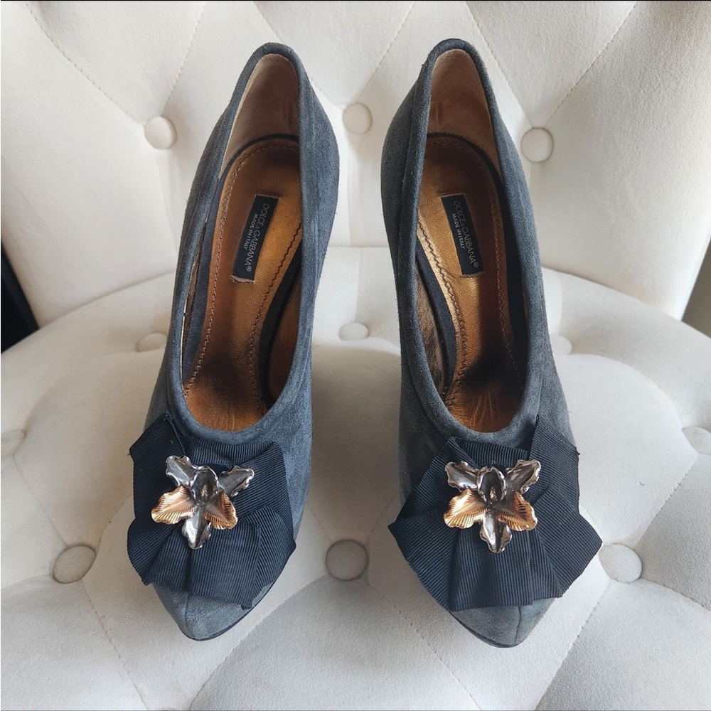 Dolce & Gabbana Womens Grey Suede Slip On Wedges Heels, shoes Size 37 EU